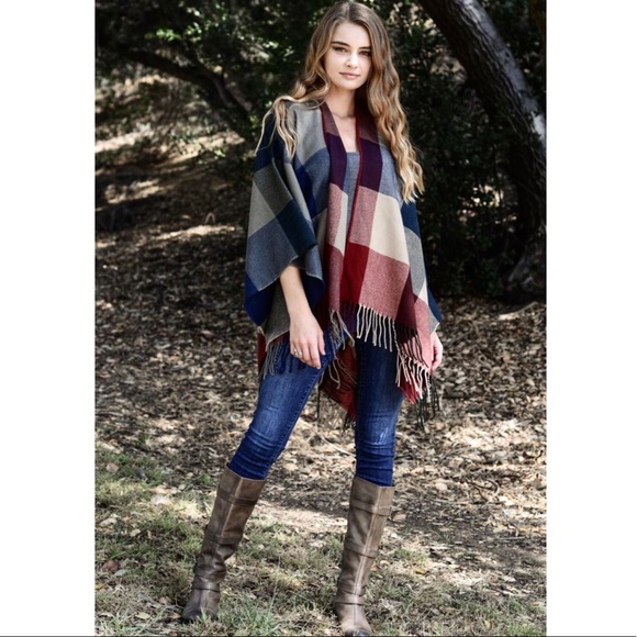Red Navy Cream Plaid Fall Ruana Poncho Shawl Scarf - Picture 5 of 8